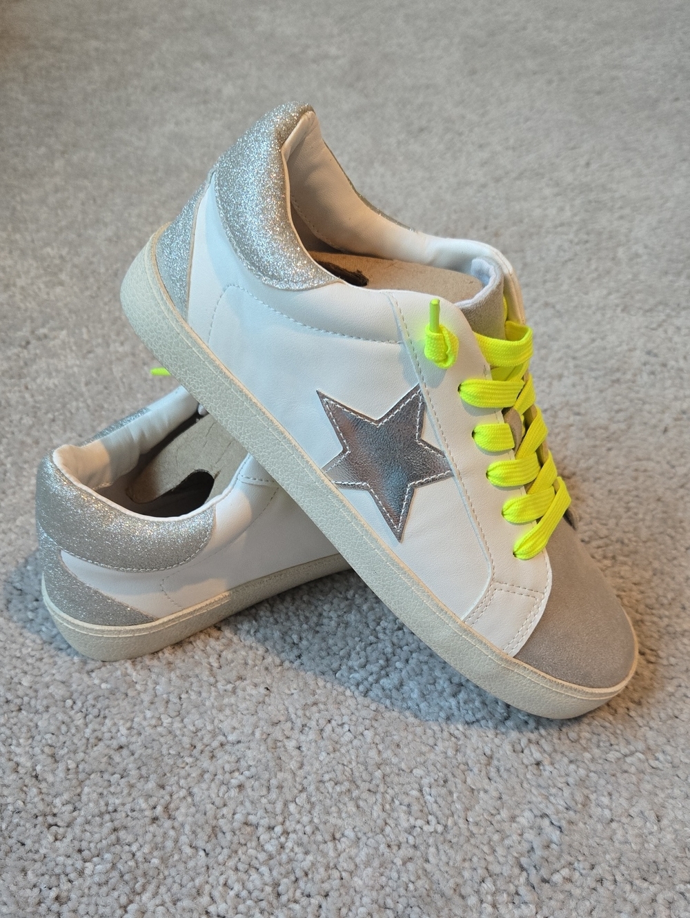 Madden Girl White Sneakers with Silver Star & Neon Yellow Laces